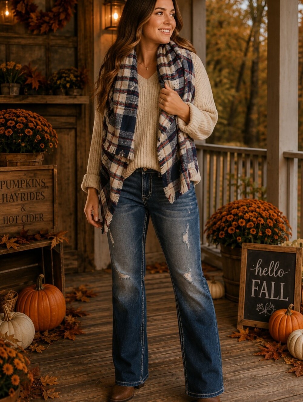 Anthropologie Terrain Fringed Plaid Oversized Blanket Scarf – Navy, Red & White
